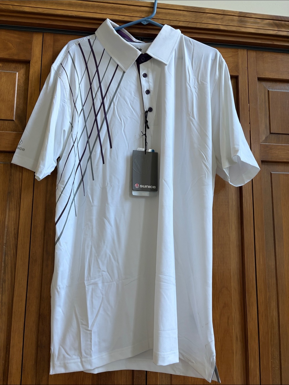 Sunice White Polo with Purple and Gray Diagonal Stripes